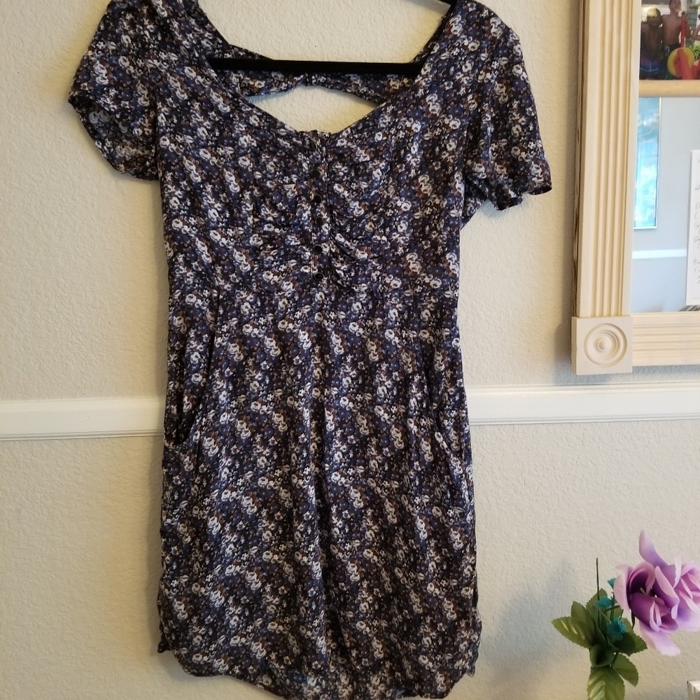Brown & Blue Floral Dress with Buttons & Pockets!